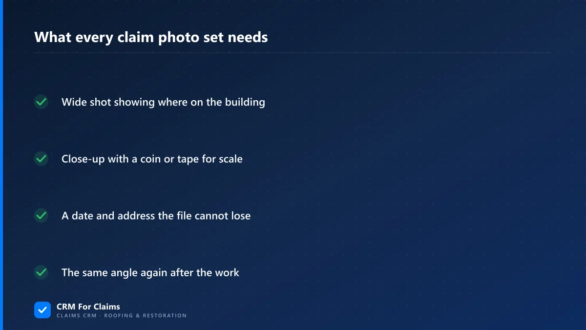 Checklist of what every claim photo set needs: wide shot, scale object, date and address, and a matching after photo