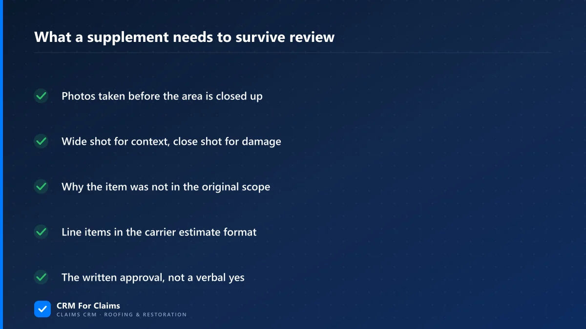 Checklist of five things an insurance claim supplement needs to survive carrier review