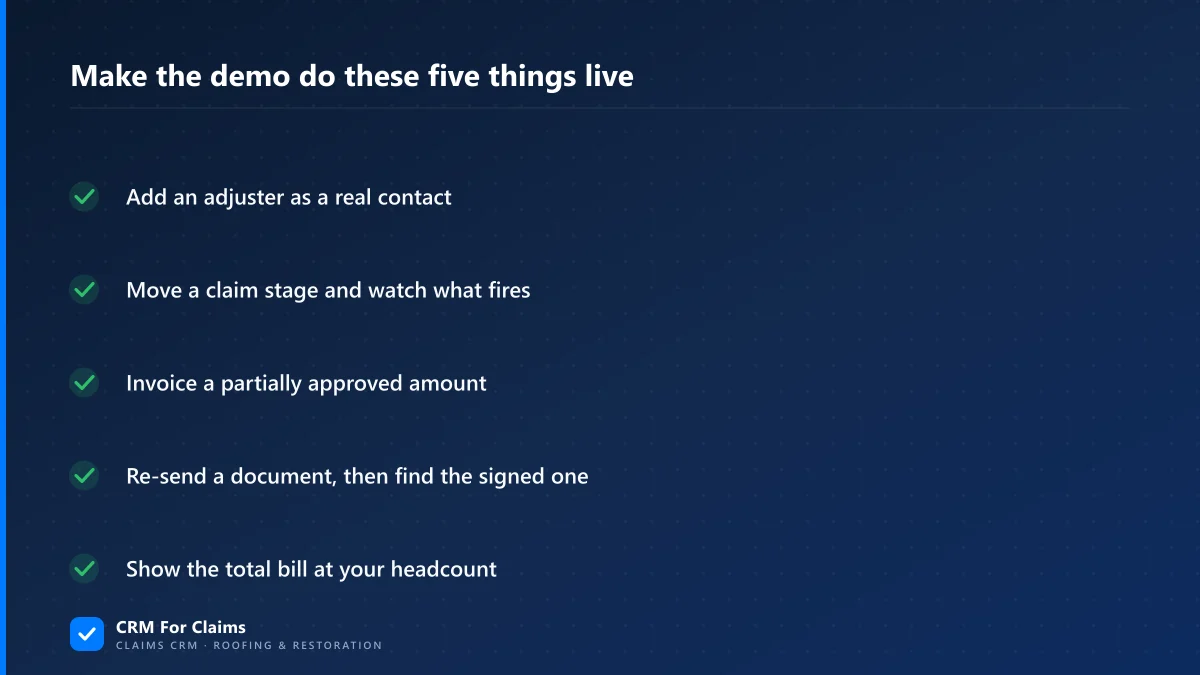 Checklist of five things to make a claims CRM vendor do live during a demo