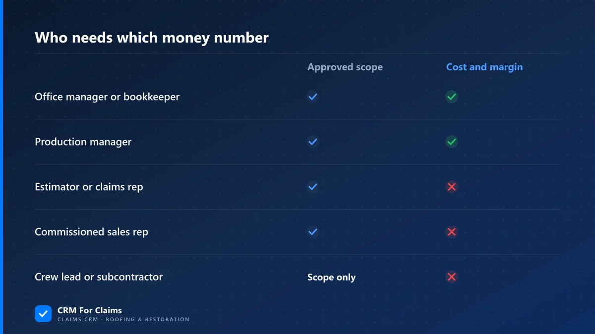 Table of which roles need the approved scope versus job cost and margin on a claim