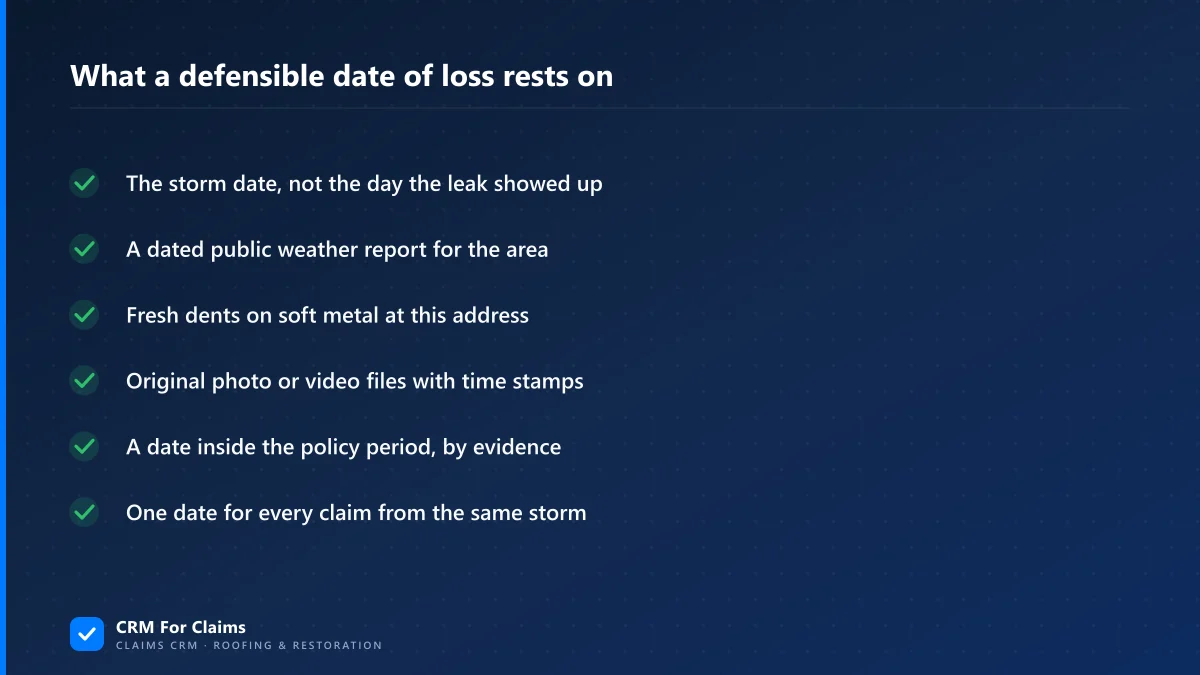 Checklist of what a defensible date of loss on a hail roof claim rests on