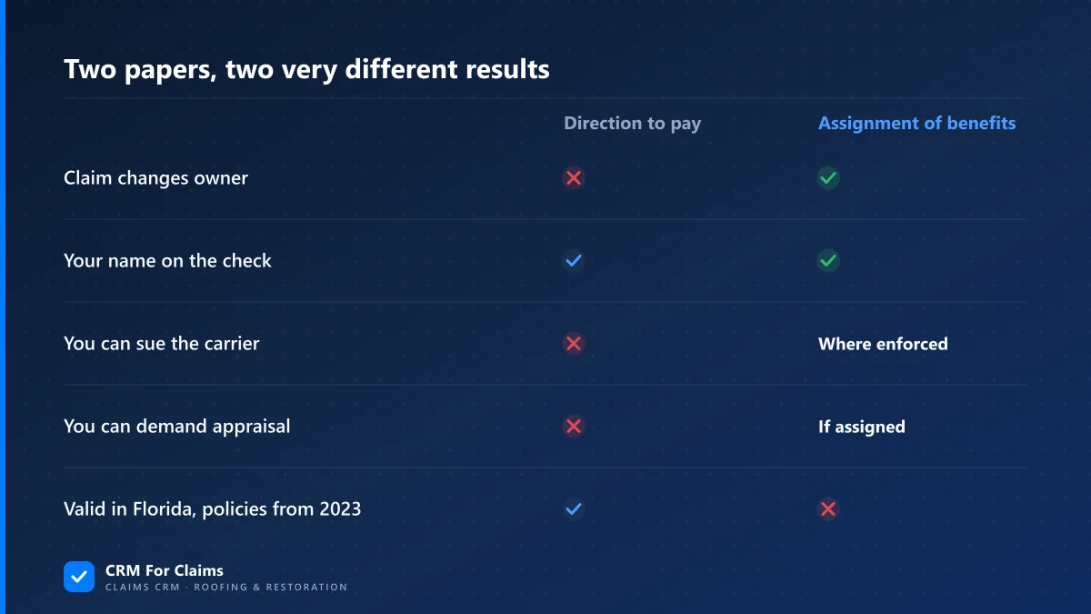 Table comparing a direction to pay with an assignment of benefits on check, lawsuit, appraisal and Florida rows