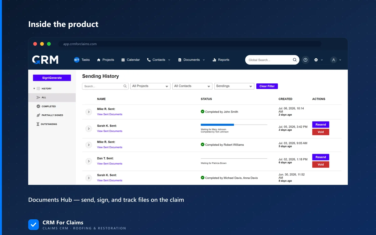 CRM For Claims Documents Hub showing sent, signed, and stored insurance paperwork