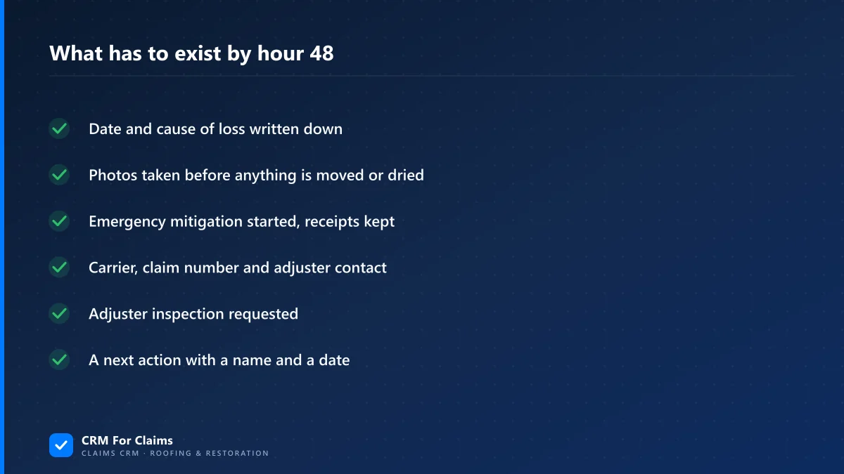 Checklist of what must exist in a claim file by hour 48 of an insurance claim