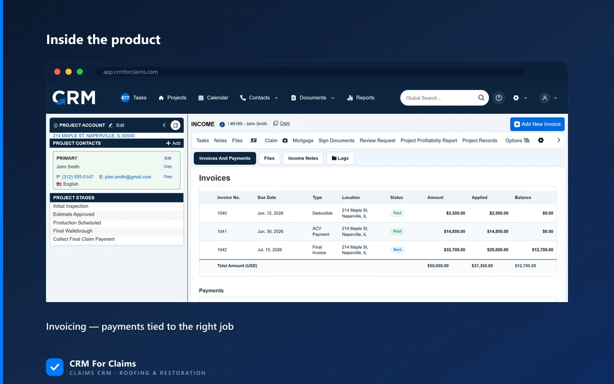Invoice generated from a claim's approved scope inside CRM For Claims