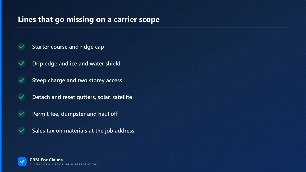 Checklist of line items that commonly go missing from a carrier roof scope, including starter course, drip edge and permit fees