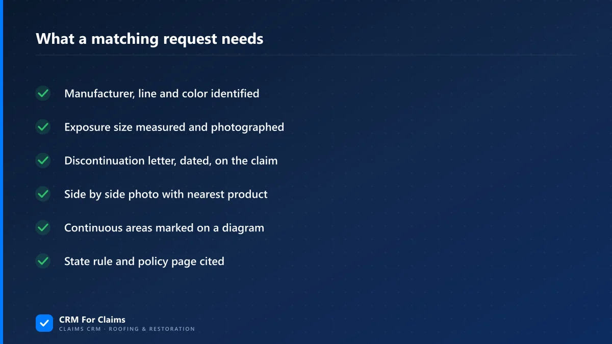Checklist of six items a matching request needs: product identified, exposure measured, discontinuation letter, sample photos, areas marked, rule cited