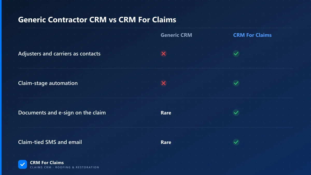 Comparison banner: generic contractor CRM versus CRM For Claims across pipeline, contacts, documents, and messaging
