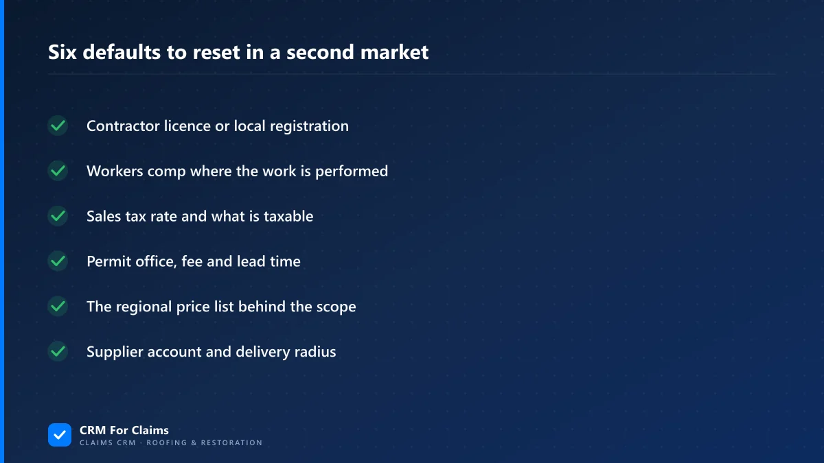 Six operating defaults to reset before working in a second market: licensing, workers comp, sales tax, permits, price list, supplier