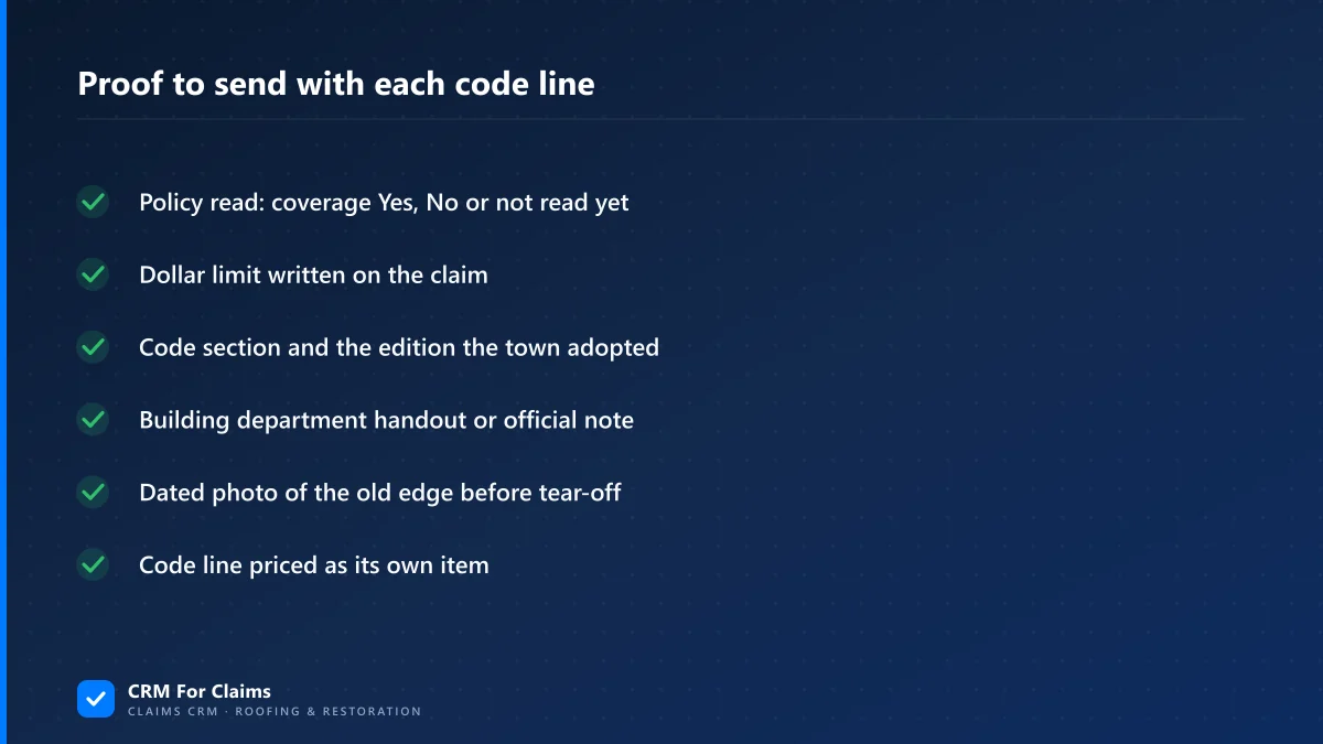 Checklist banner of the proof a roofer sends with each ordinance or law code line on a roof claim