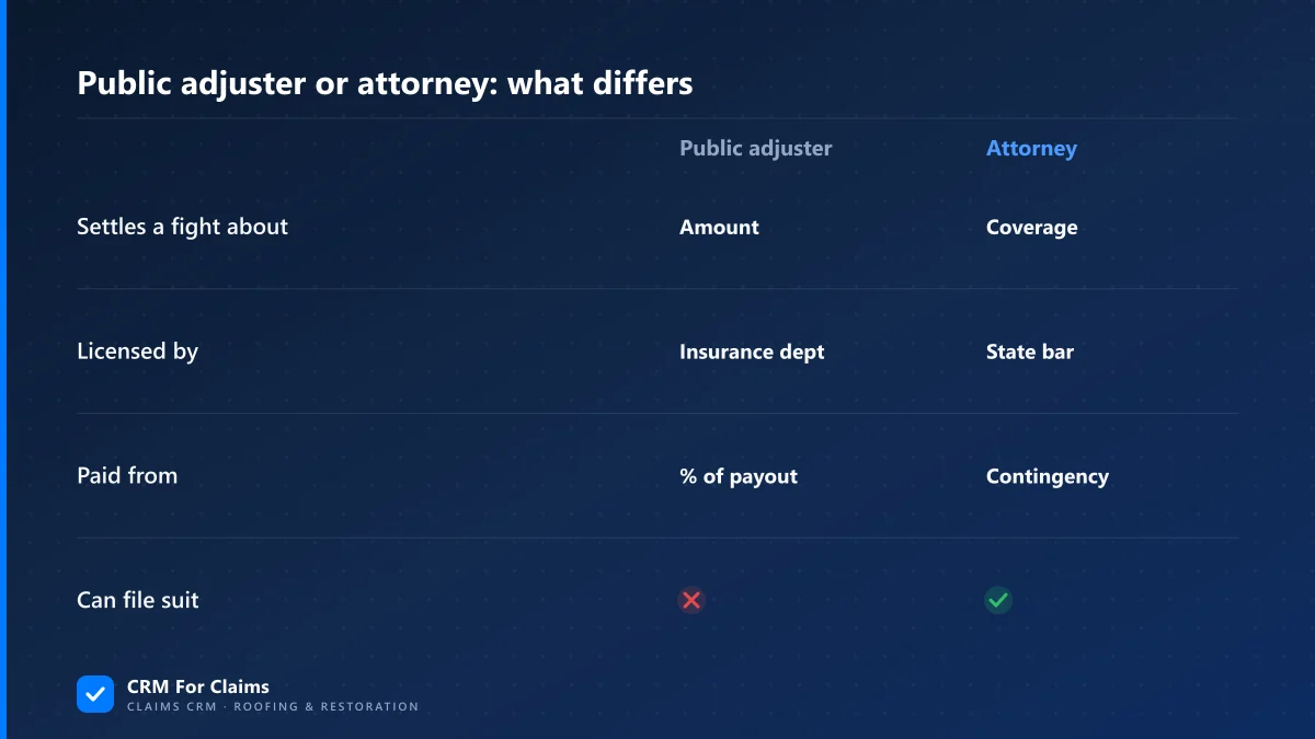 Public adjuster versus attorney on a property insurance claim: licence, powers, and how each one gets paid