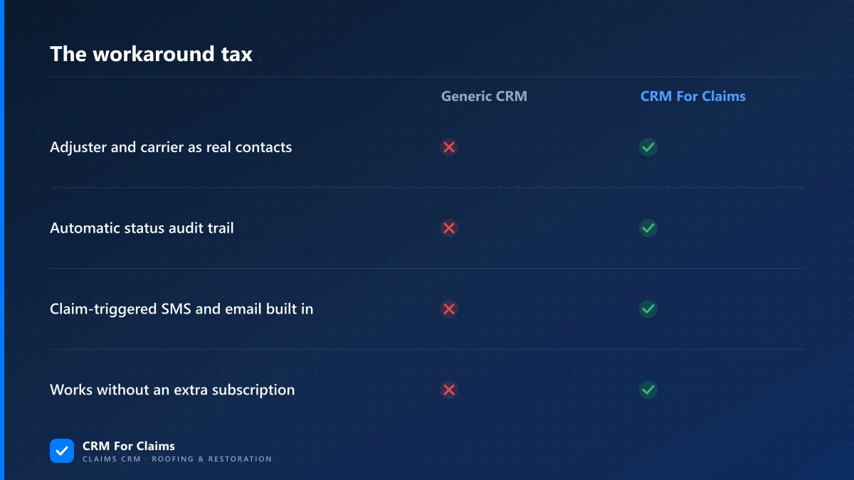 Comparison table: generic CRM plus workarounds versus a claims-built CRM