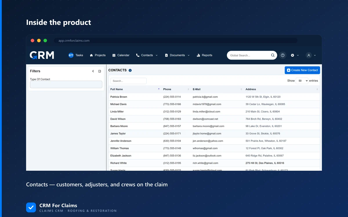 CRM For Claims contacts screen listing customers, adjusters and crews attached to a claim