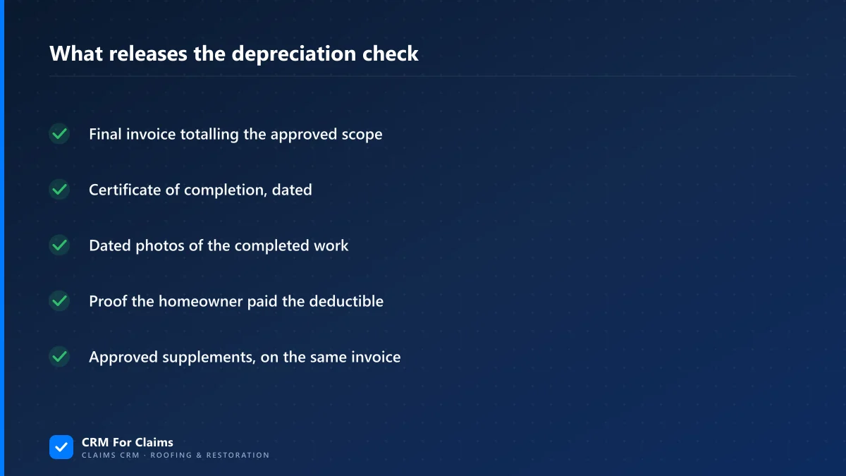 Checklist of five documents that release withheld depreciation on an insurance claim