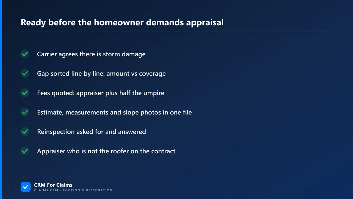 Checklist banner of six things a roofer has ready before a homeowner demands appraisal on a roof claim