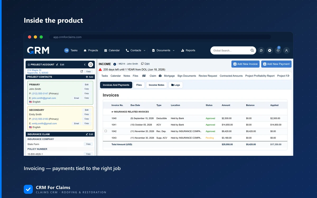 CRM For Claims income screen with insurance invoices and their balances on a claim