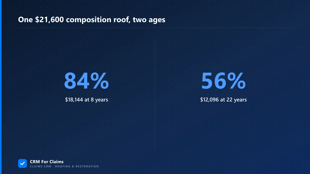 Banner: one 21,600 dollar composition roof pays 84 percent at 8 years and 56 percent at 22 years