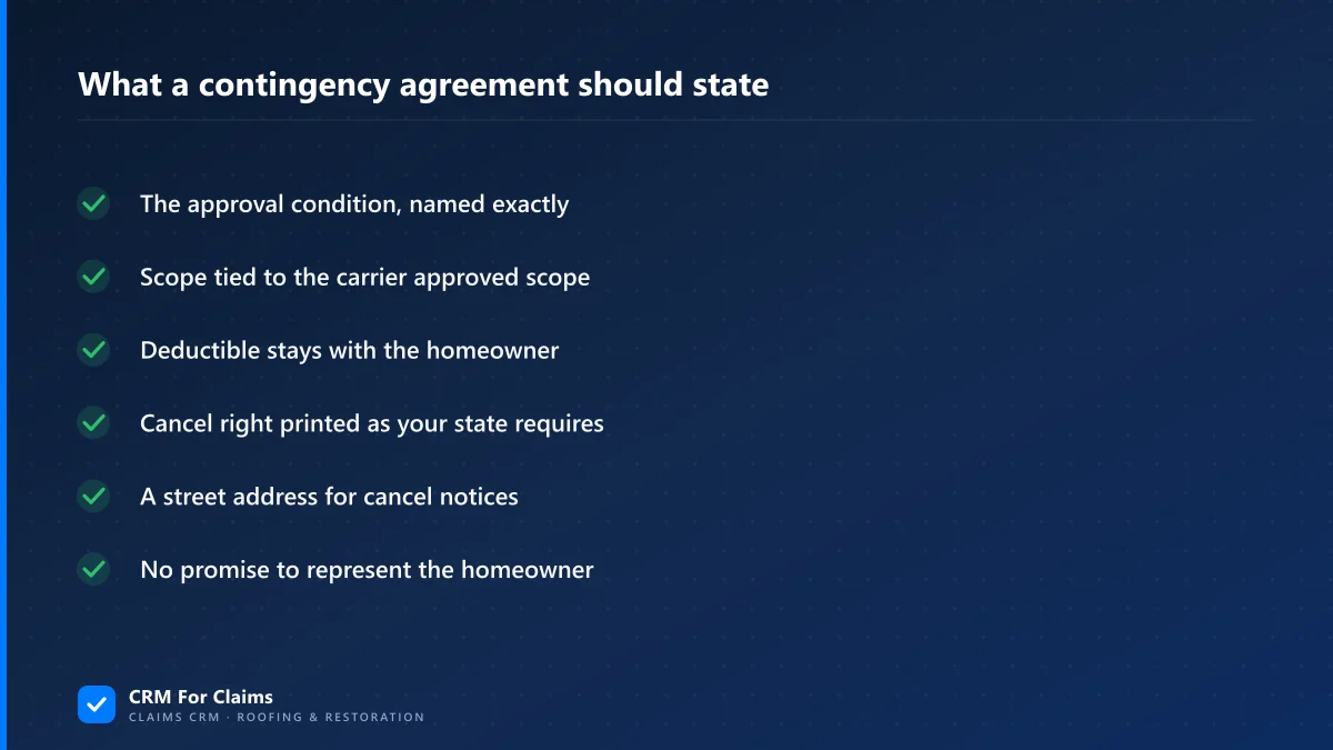 Checklist of what a roofing contingency agreement should state, from the approval condition to no promise to represent the homeowner