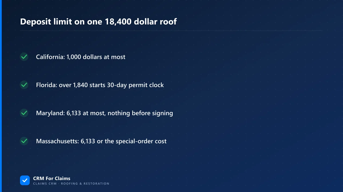 Deposit limits on one 18,400 dollar roof in California, Florida, Maryland and Massachusetts