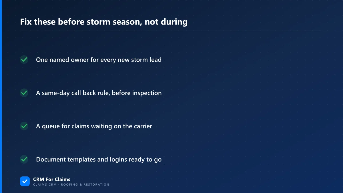 Checklist of four things to fix before storm season: lead owner, callback rule, carrier queue, seats ready
