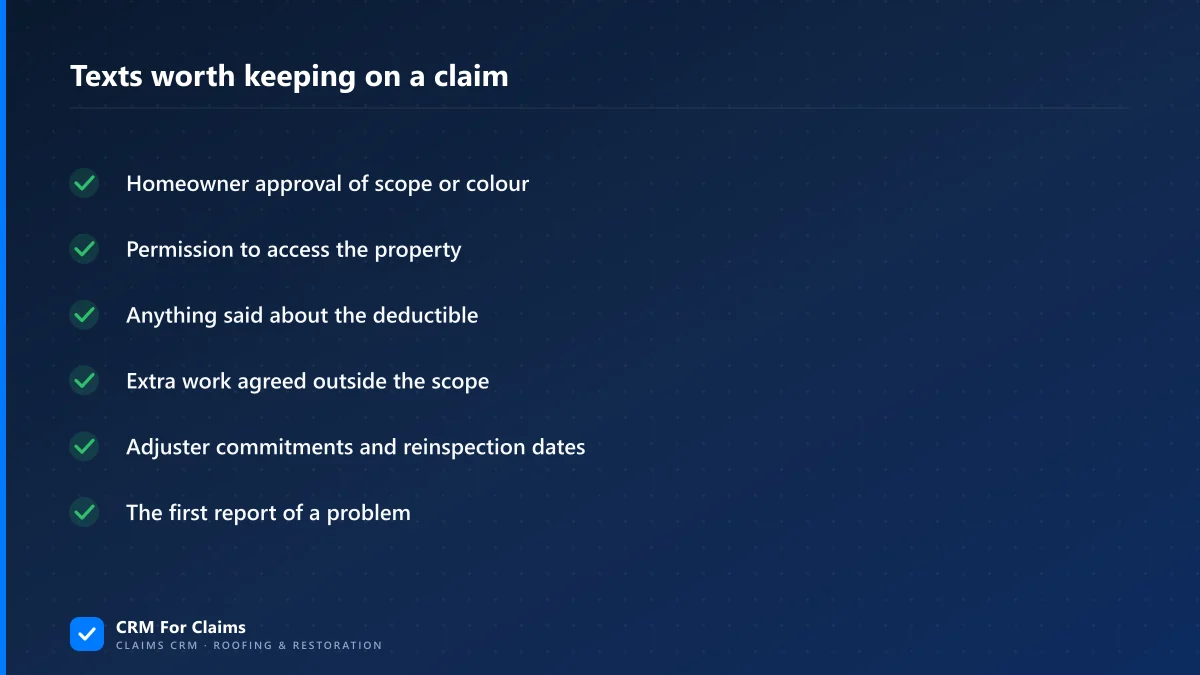 Six kinds of text message worth keeping on a claim: scope approval, property access, deductible, extra work, adjuster commitments, first complaint