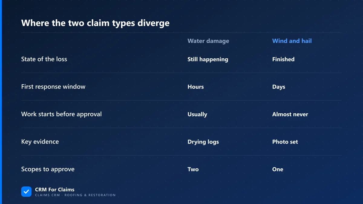 Comparison of water damage and wind or hail claims across response window, approvals, evidence and volume