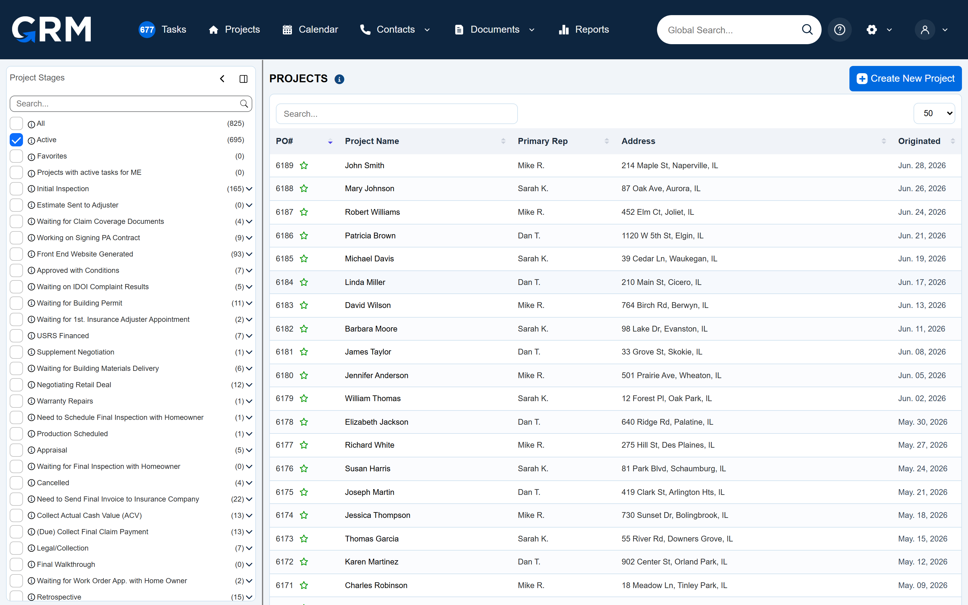 CRM For Claims — real projects view with claim stages